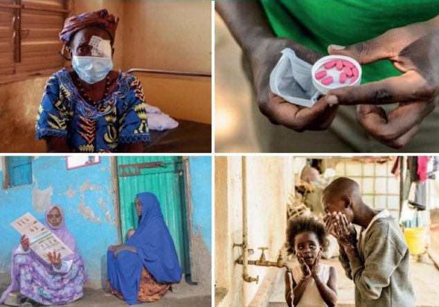 Collage of four images showing people with trachoma and medicine for trachoma