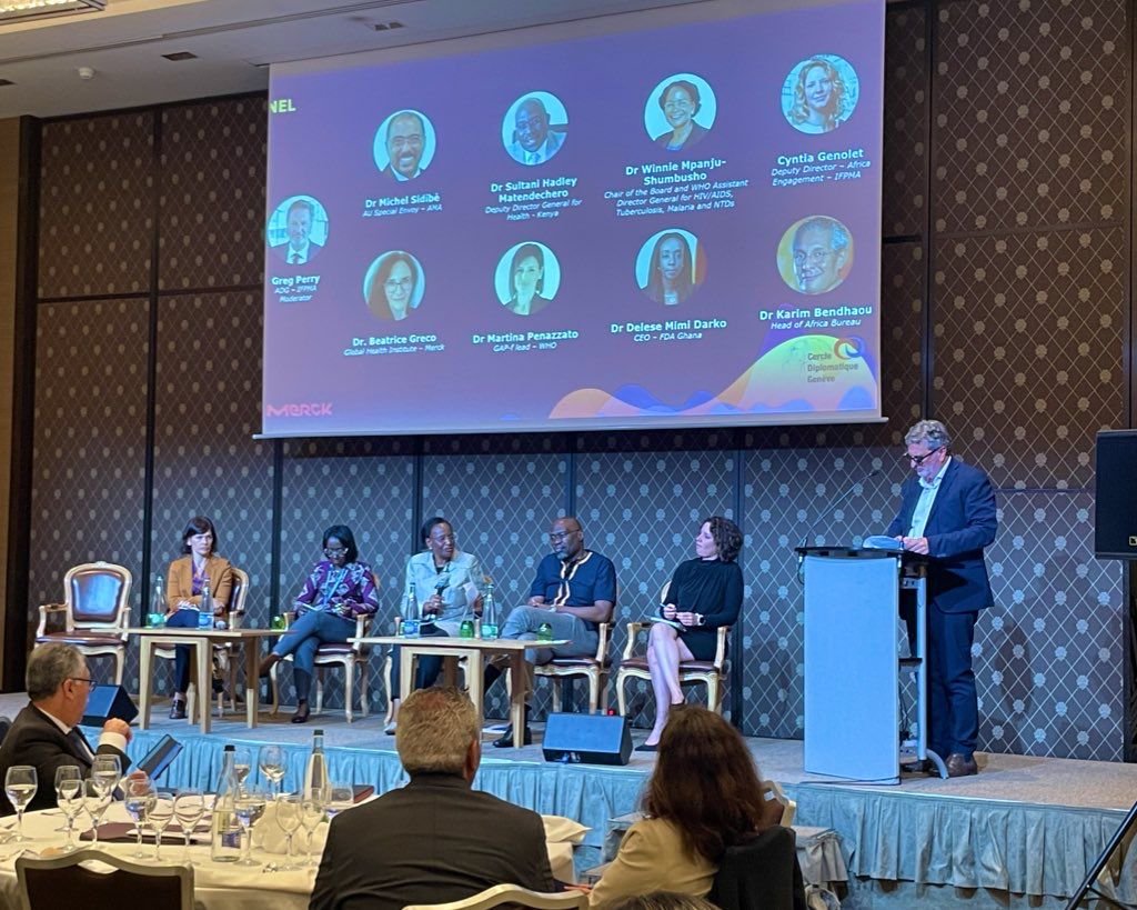Dr Winnie Mpanju-Shumbusho speaks on stage at Merck World Health Assembly side event